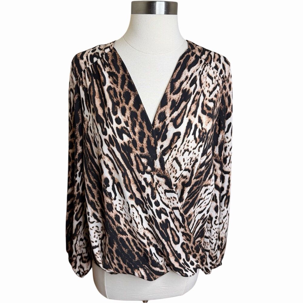 INC International Concepts Leopard Print Surplice Faux Wrap Blouse Womens PM